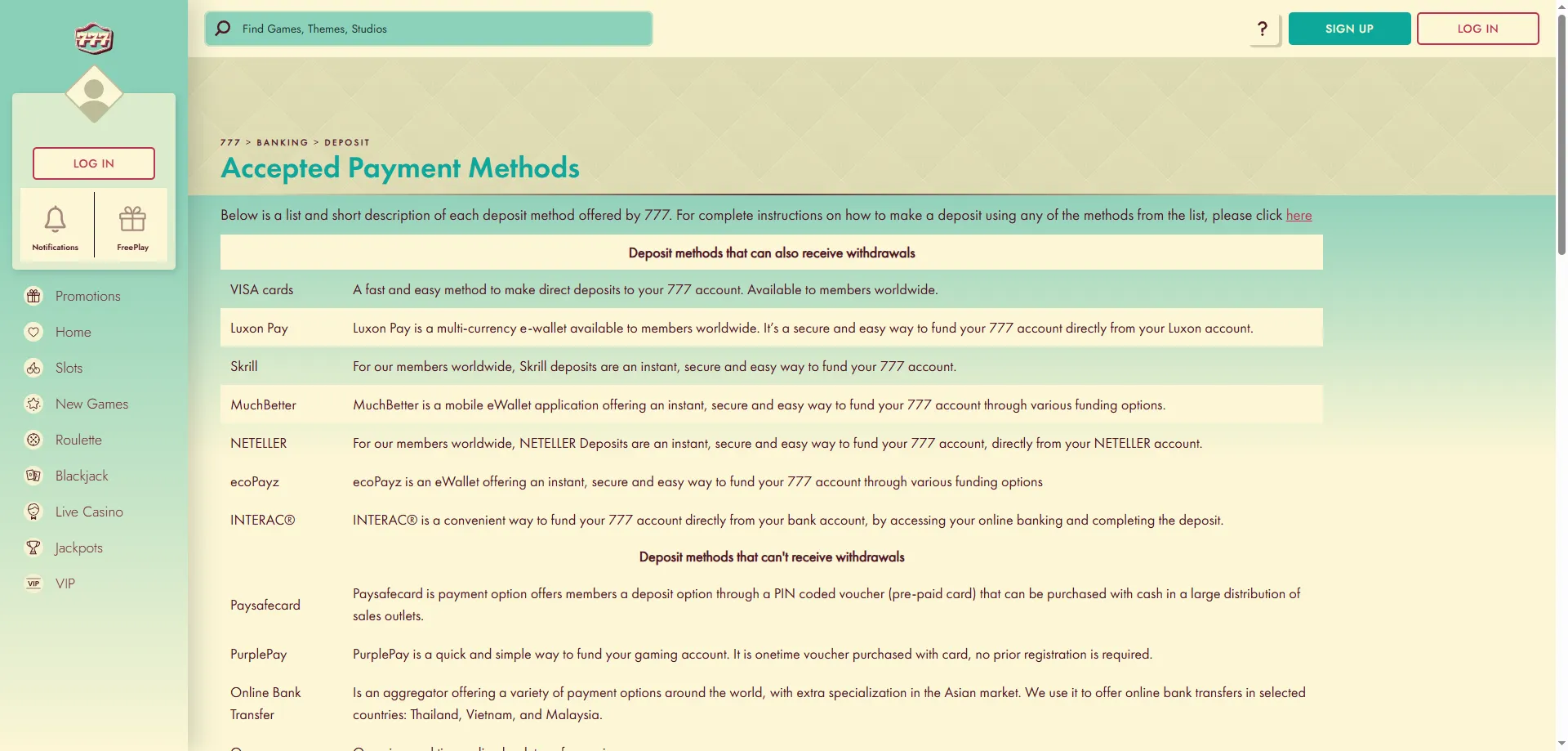 777 Casino deposit and withdrawal payment methods available